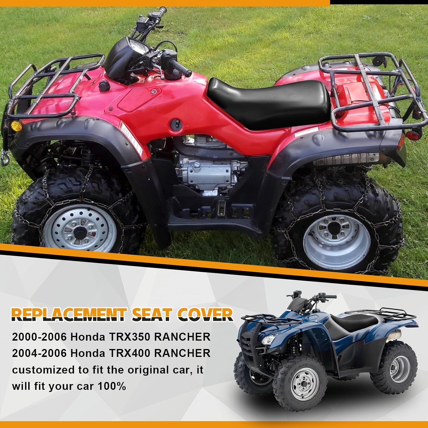 Seat Cover Compatible with Honda TRX350 Rancher 2000-2006 and Honda TRX400 Rancher 2004-2006, Heavy Duty Leather ATV Seat Cover Replacement, Black