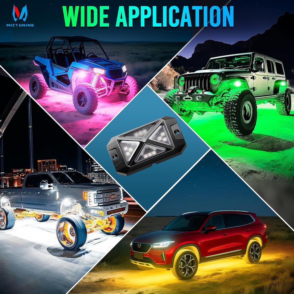 MICTUNING C4 RGBW Rock Lights Kit, 12 Pods 360° Ultra-Bright 4-Sided Wide Beam Angle Underglow Neon Accent Lighting Kit, Microphone Sync with APP Control, IP68 Waterproof