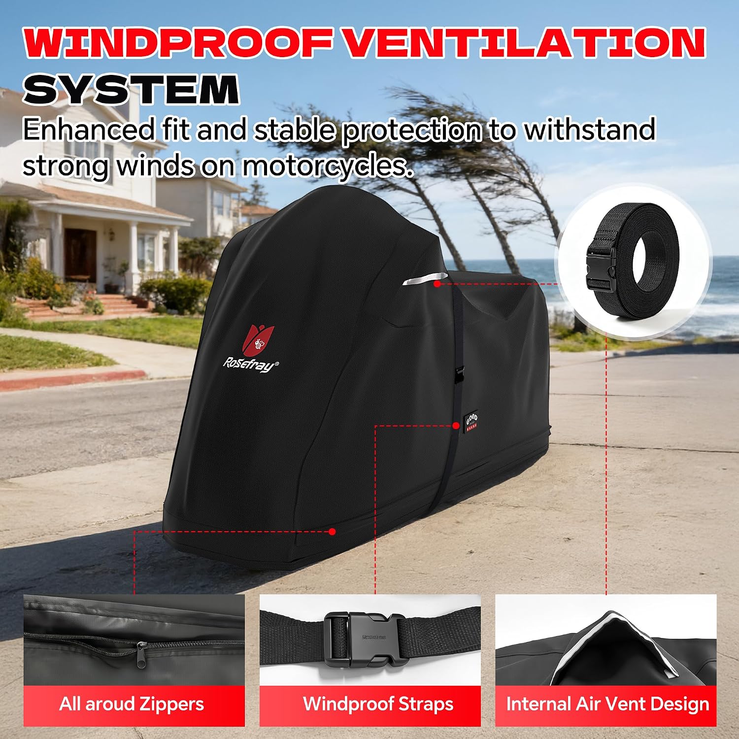 Full Enclosed Motorcycle Cover,600D Waterproof Motorcycle Cover Outdoor/Indoor UV Resistant with Reflective Strips Fits Length up to 96.5" Motorcycles Yamaha Honda Harley Suzuki Black