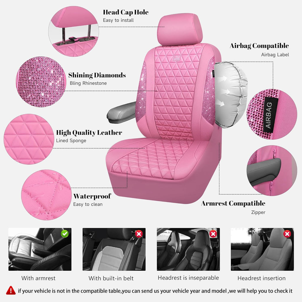 car pass bling diamond pink leather car seat, close-up detail