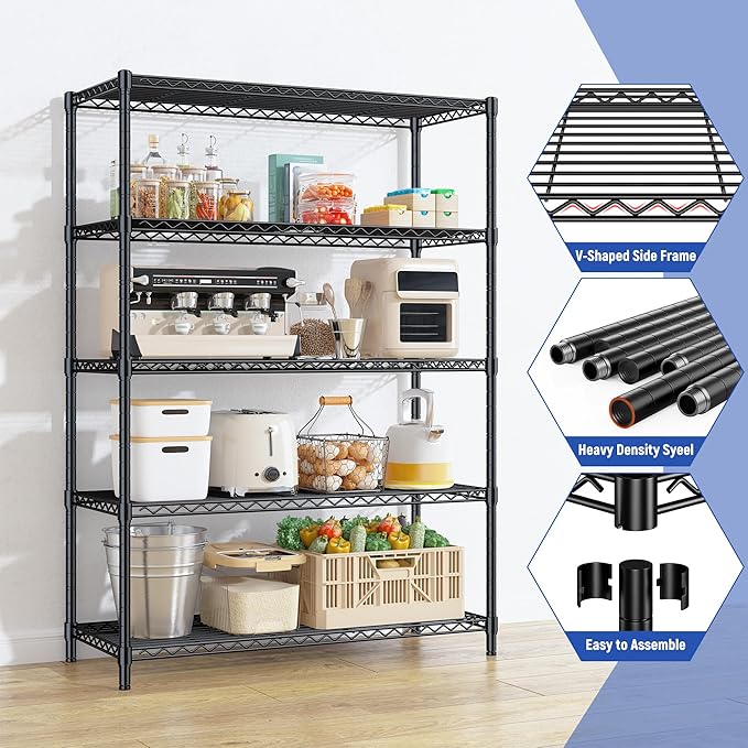 5 Tier Storage Shelves 71"H Wire Shelving Adjustable Metal Shelving, 1000LBS - Image 6