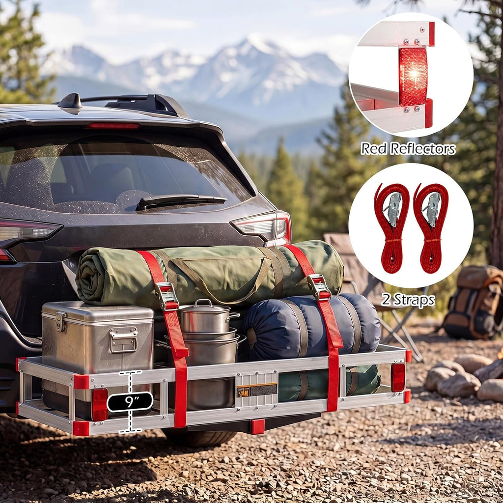 Goplus Hitch Cargo Carrier, Aluminum Hitch Mount Cargo Basket with 500LBS Capacity, Fits 2” Receiver, 60” x 22” x 7” Trailer Hitch Cargo Carrier for Vehicle Car SUV Truck
