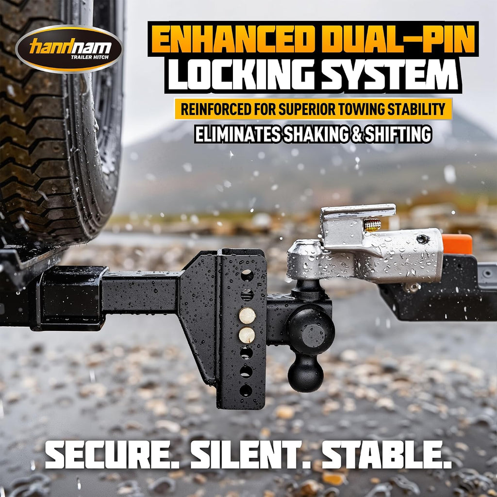 Drop Hitch Adjustable Trailer Hitch, Tow Hitch with 6-Inch Drop/Rise for Truck (16,500 LBS GTW), Adjustable Drop Hitch Fits 2-Inch Receiver, Trailer Hitches with Double Anti-Theft Pins Locks