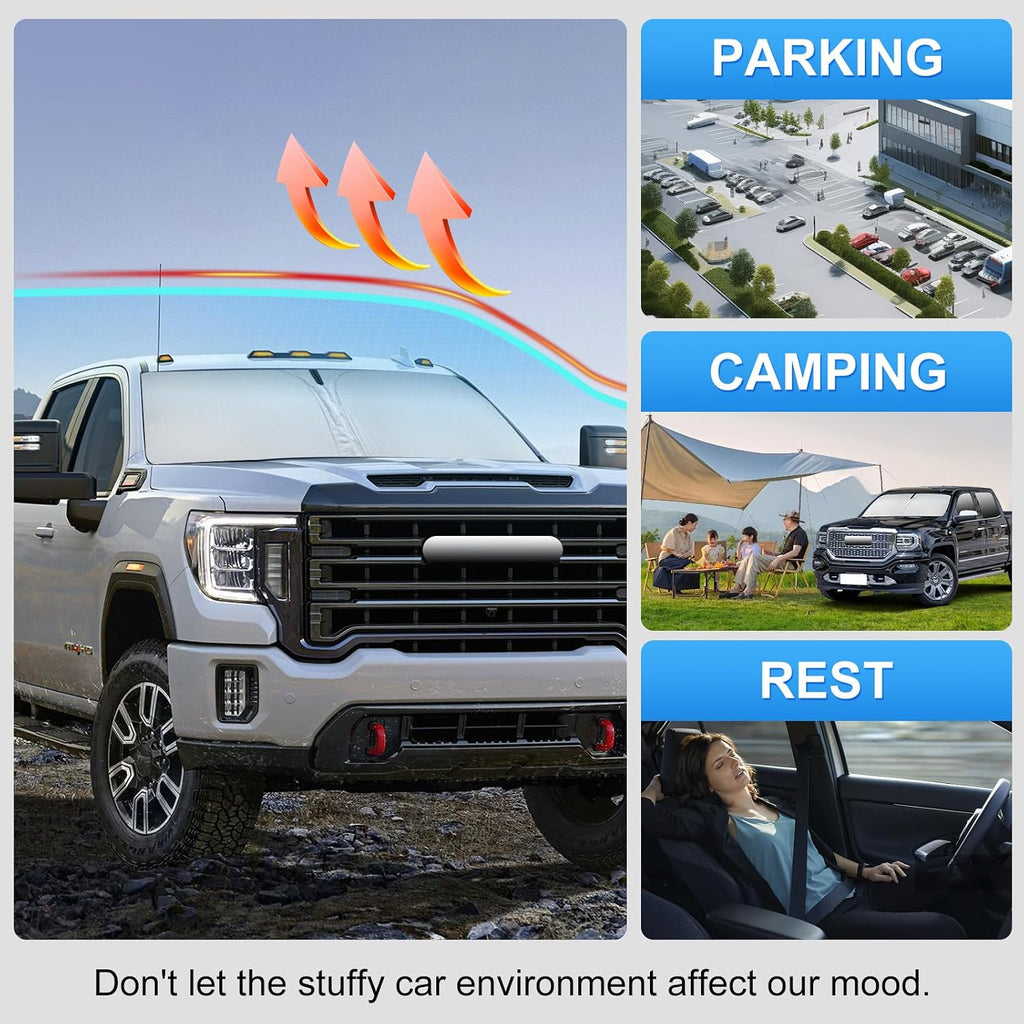Sun Shade for 2019-2024 2025 2026 GMC Sierra 1500 2500 3500 SLT, AT4, Denali Pickup Accessories Windshield Sunshade Cover Front Window Shade Fit Sierra 1500 Sun Visor Protector Foldable Blocks UV Rays