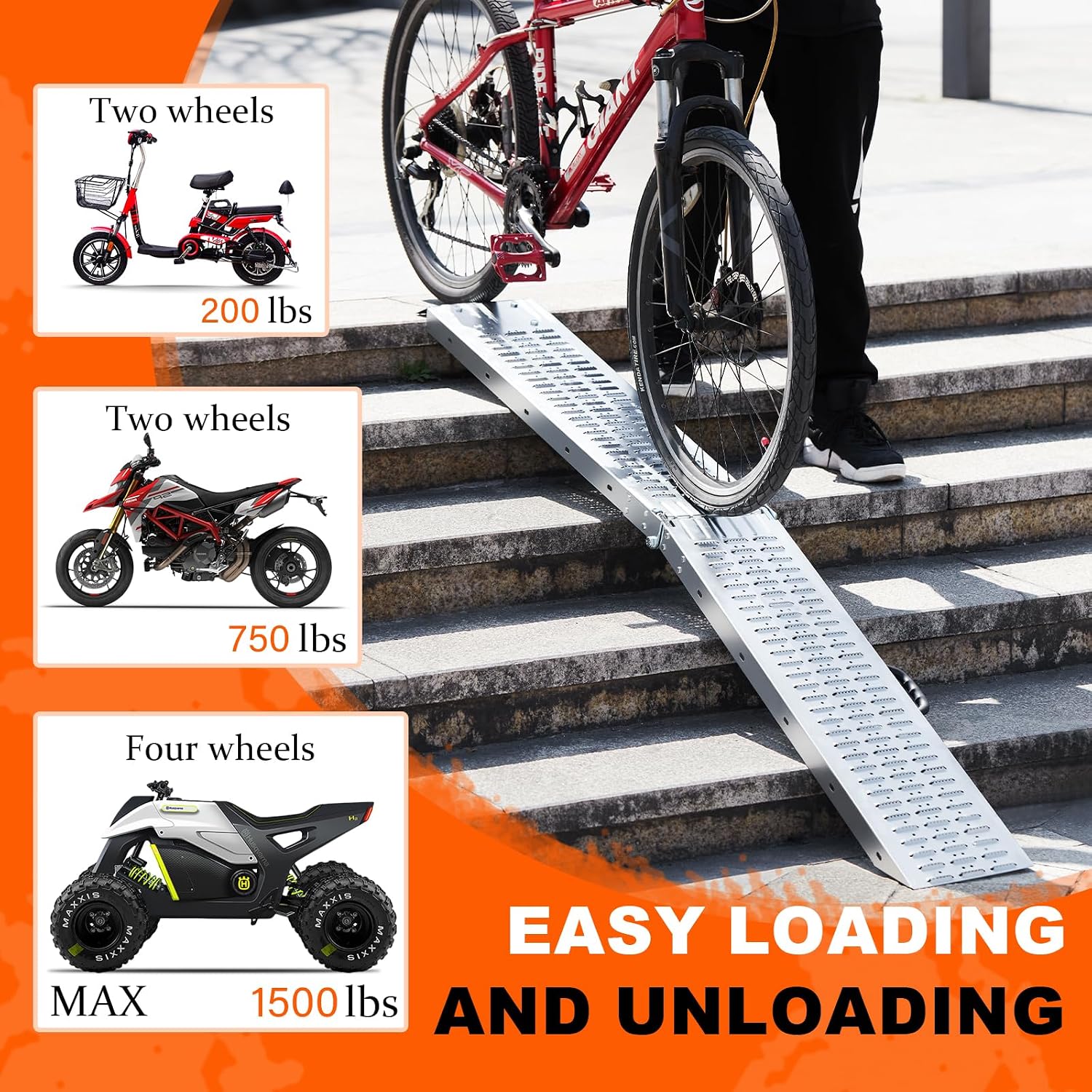 72.5" Heavy Duty Folding Loading Ramps, 1500lb Capacity, Ideal for Motorcycles, Lawn Mowers, ATVs, UTVs, and More – Pack of 2 with Safety Straps and Gloves