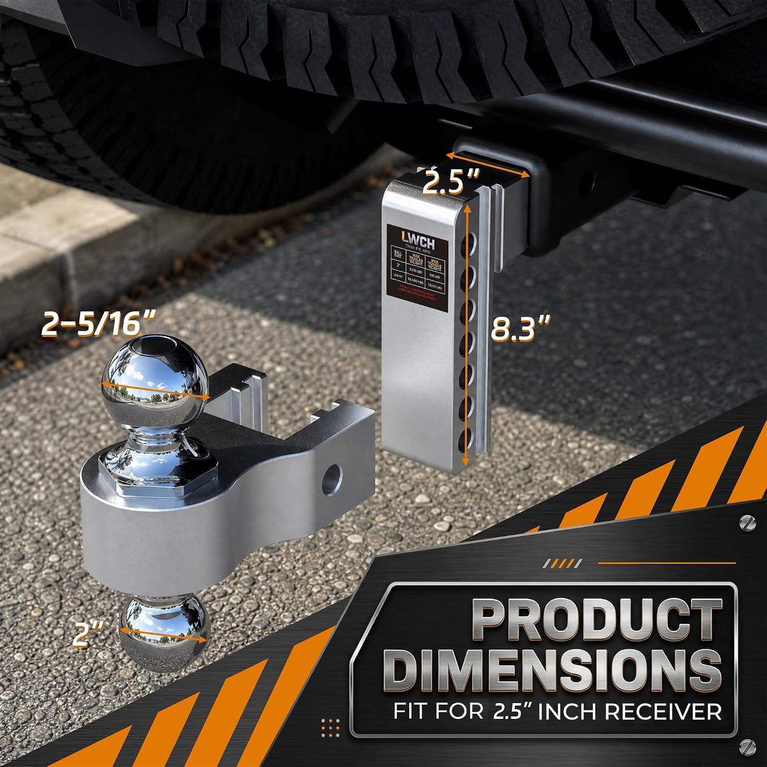 Adjustable Trailer Hitch, Fit 2.5 Inch Receiver, 18,500 LBS GTW, Heavy Duty Aluminum Drop Hitch with 2" & 2-5/16" Chrome Plated Steel Ball Mounts for Trucks, 6 Inch Drop/Rise, 2 Anti-Theft Pins