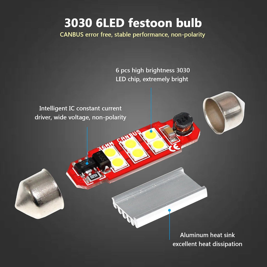 PHINLION 6418 36mm Festoon White LED Bulbs, Super Bright 500 Lumens 3030 6-SMD Canbus C5W 6461 DE3425 DE3423 LED Replacement for Car Interior Map Dome Trunk License Plate Lights, Pack of 2