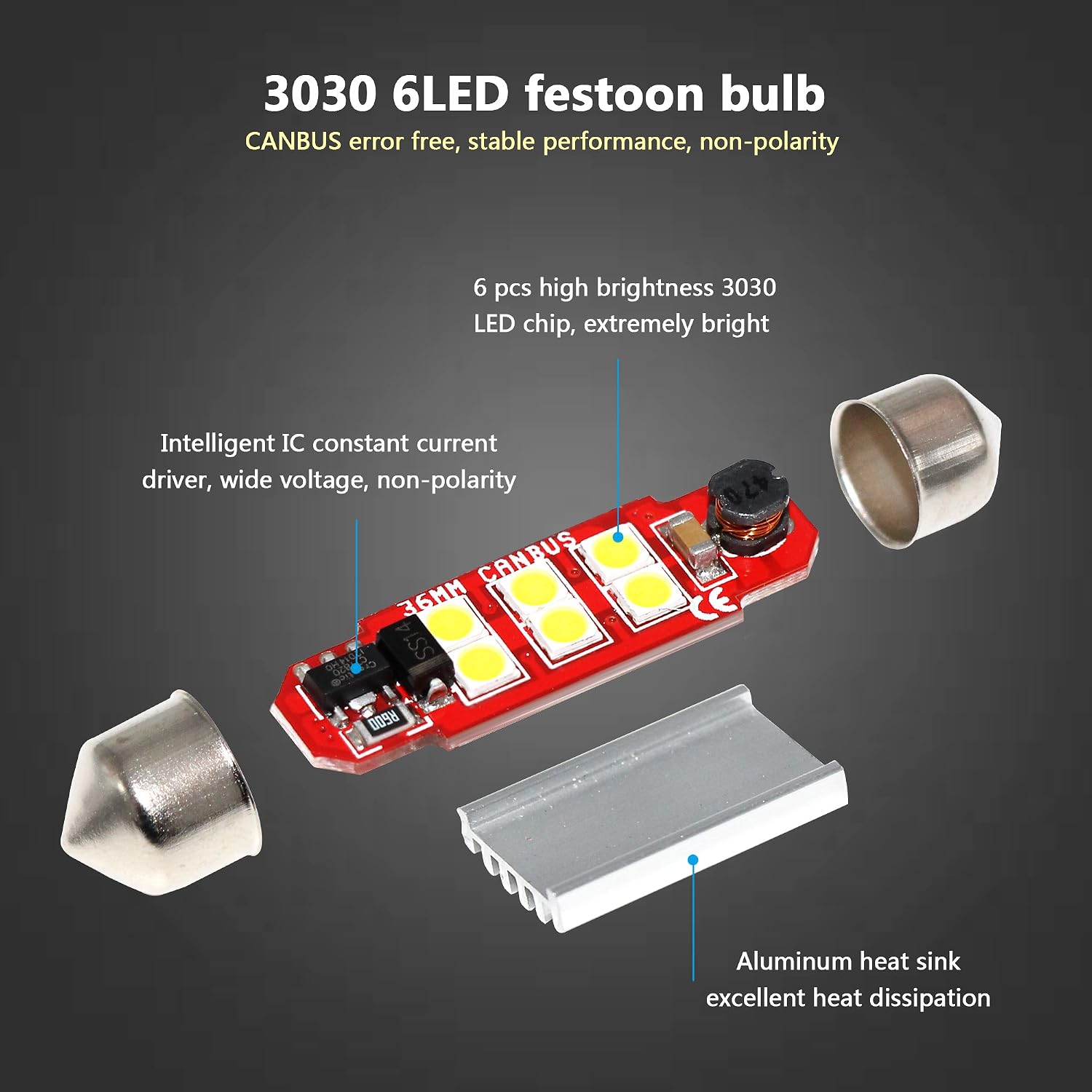 PHINLION 6418 36mm Festoon White LED Bulbs, Super Bright 500 Lumens 3030 6-SMD Canbus C5W 6461 DE3425 DE3423 LED Replacement for Car Interior Map Dome Trunk License Plate Lights, Pack of 2