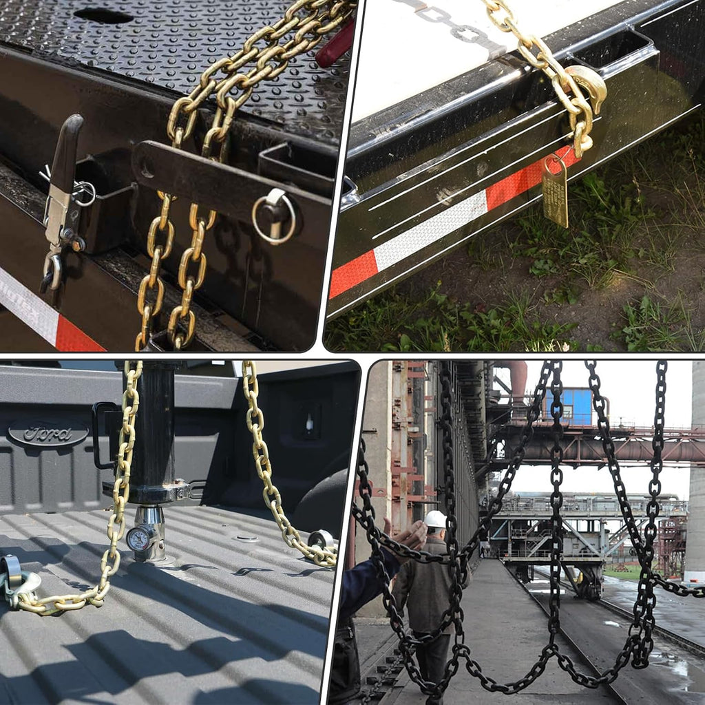 Heavy Duty G80 Transport Binder Chain 1/4'' Inch x 12 Feet,Tow Chain with G70 Clevis Grab Hooks,3300 lbs Safe Working Load Logging for Transporting, Towing(1/4'' x 12FT Yellow).