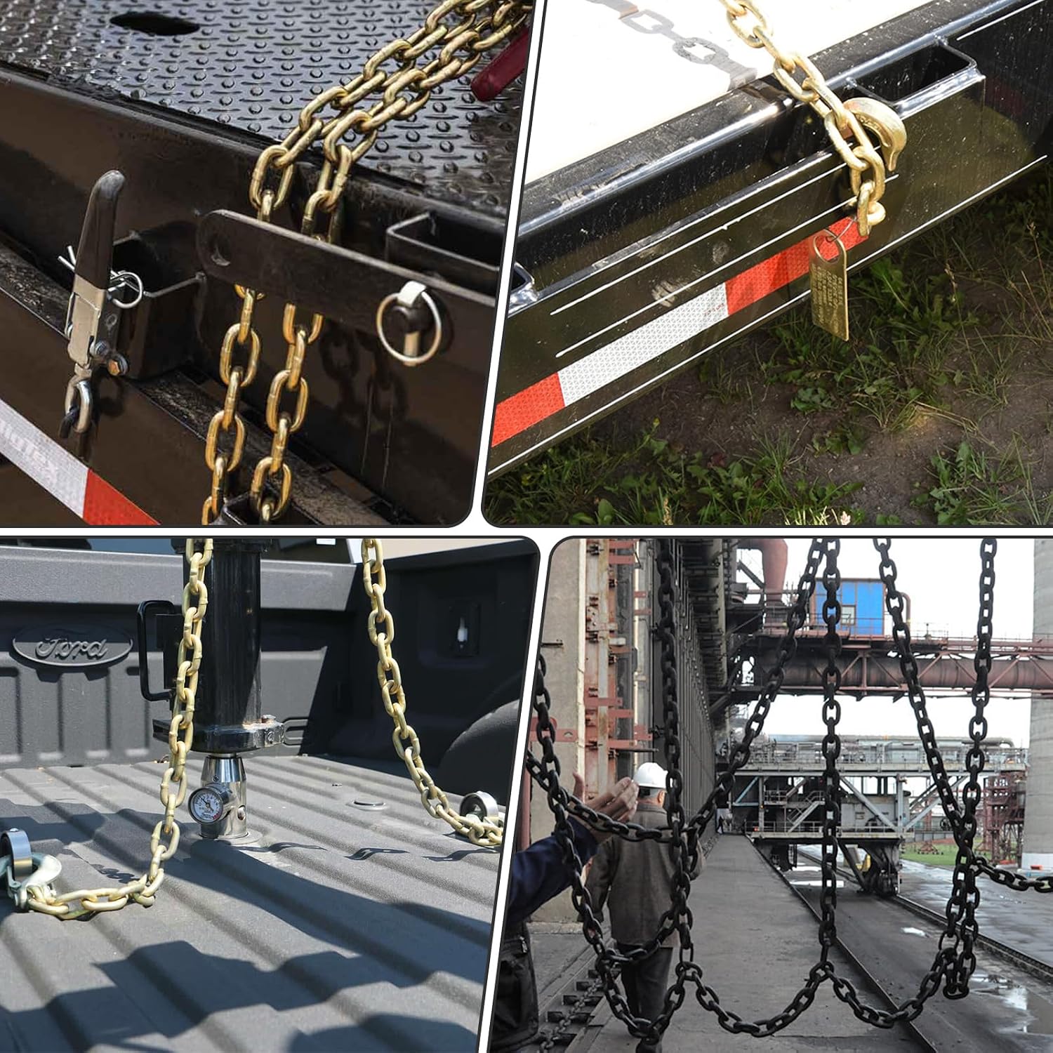 Heavy Duty G80 Transport Binder Chain 1/4'' Inch x 12 Feet,Tow Chain with G70 Clevis Grab Hooks,3300 lbs Safe Working Load Logging for Transporting, Towing(1/4'' x 12FT Yellow).