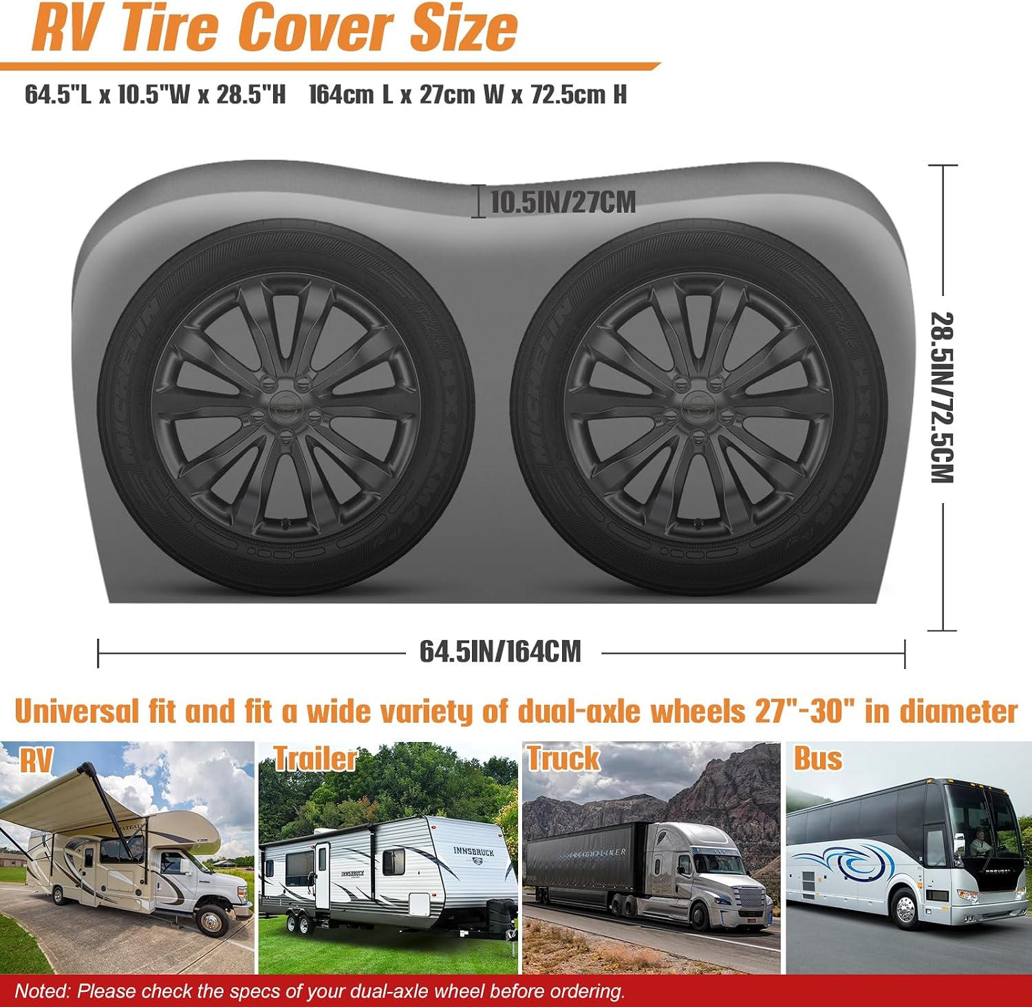 RV Tire Covers 2 Pack, 840D Heavy Duty Dual Trailer Tire Covers Fits 27"-30" Diameter Tires,Waterproof RV Wheel Covers with Waterproof Strip,2 Windproof Buckles，Universal Wheel Covers for Truck