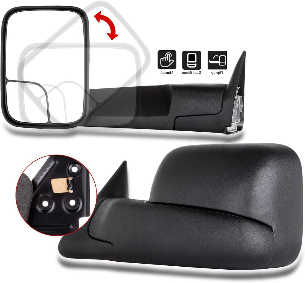 A Pair Towing Mirrors Fits 1994-2001 for Dodge for Ram 1500 2002 for Dodge for Ram 2500 for Dodge for Ram 3500, Manual Adjusted View Mirror