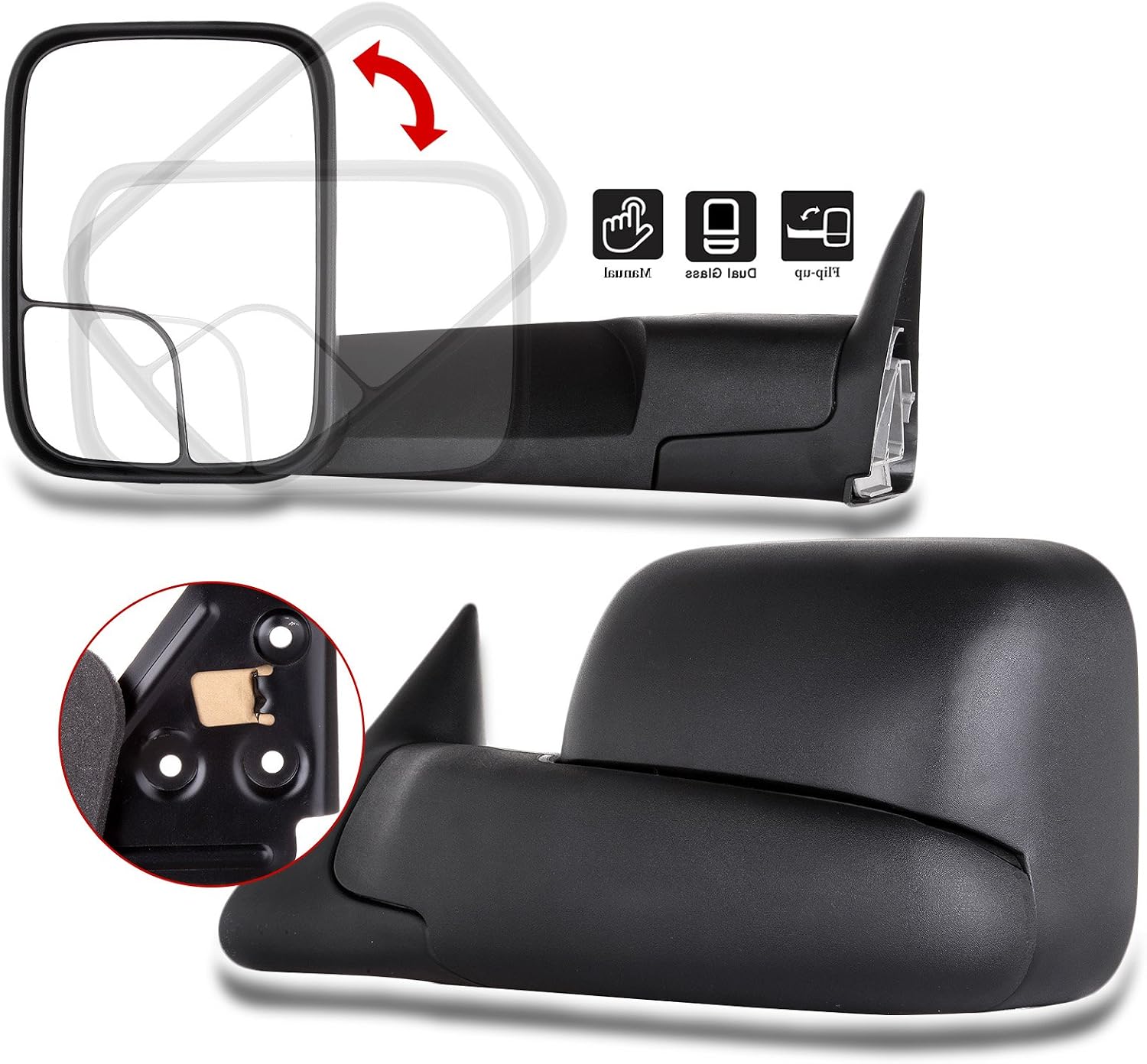 A Pair Towing Mirrors Fits 1994-2001 for Dodge for Ram 1500 2002 for Dodge for Ram 2500 for Dodge for Ram 3500, Manual Adjusted View Mirror