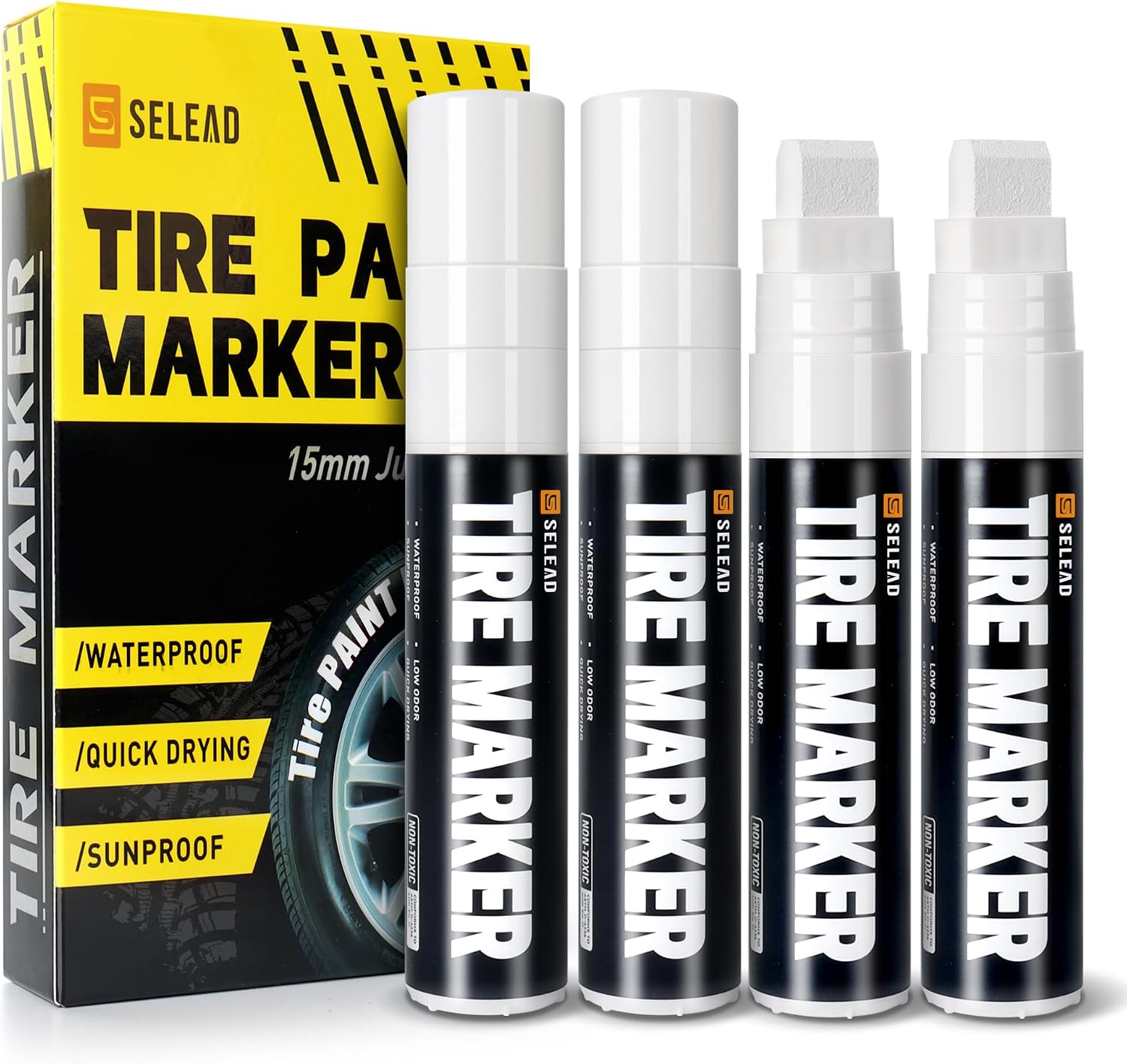 SELEAD Jumbo Tire Marker White - 4 Pack 15mm Wide Tip Paint Pens for Car Tires Lettering, Large Capacity Premium Ink Waterproof Permanent Markers
