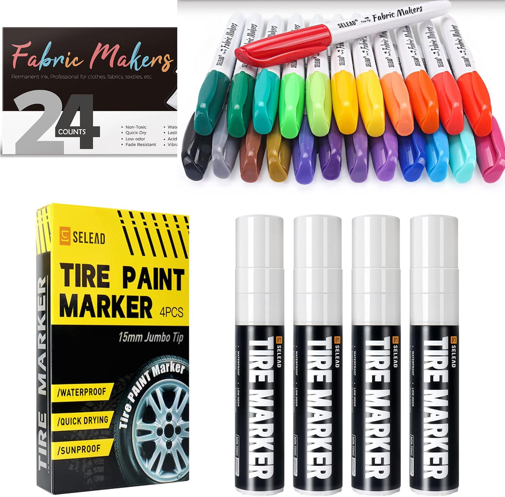 SELEAD 4 Pack Jumbo Tire Marker White for Car Tires Lettering + 24 Fabric Markers Permanent for Clothes