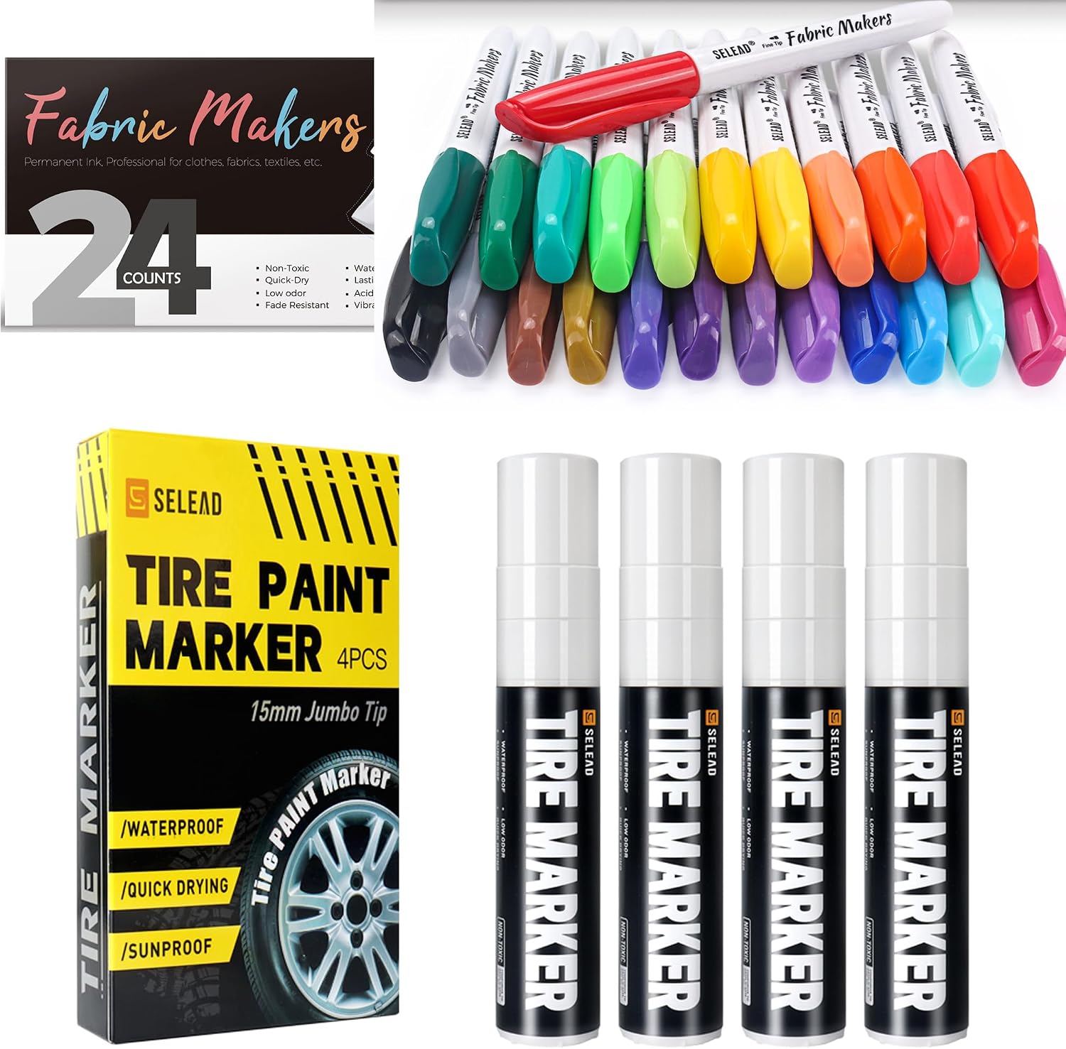 SELEAD 4 Pack Jumbo Tire Marker White for Car Tires Lettering + 24 Fabric Markers Permanent for Clothes