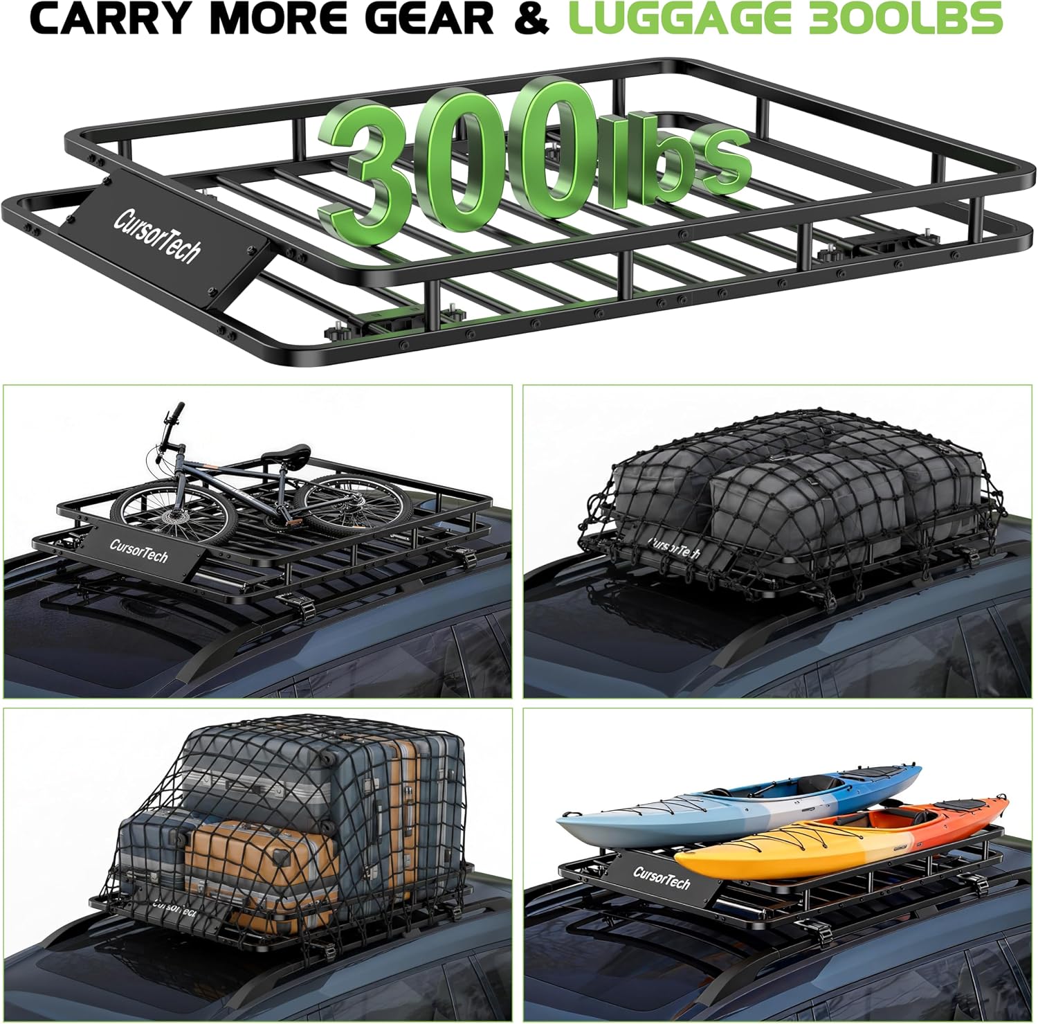 Roof Rack Basket with Net 46" x 36" Heavy Duty Rooftop Cargo Carrier 300 lbs Capacity Steel Roof Basket Vehicle Cargo Baskets Luggage Holder Rack for SUV Truck Car Travel Camping Storage