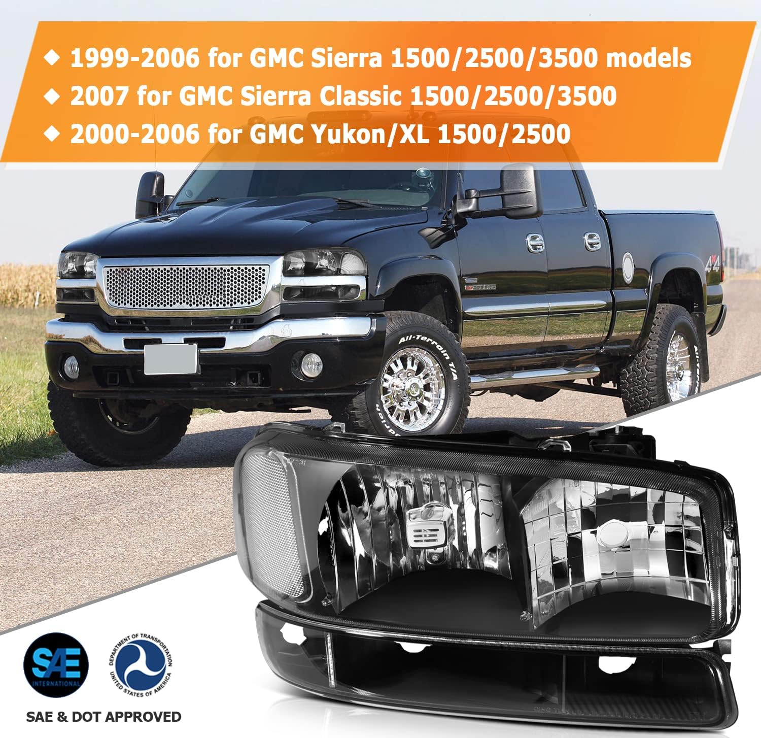 Headlight Assembly Compatible with 1999-2006 for GMC Sierra 1500 2007 for GMC Sierra 1500 Classic Black Housing Clear Reflector Clear Lens Driver and Passenger Side Headlamp