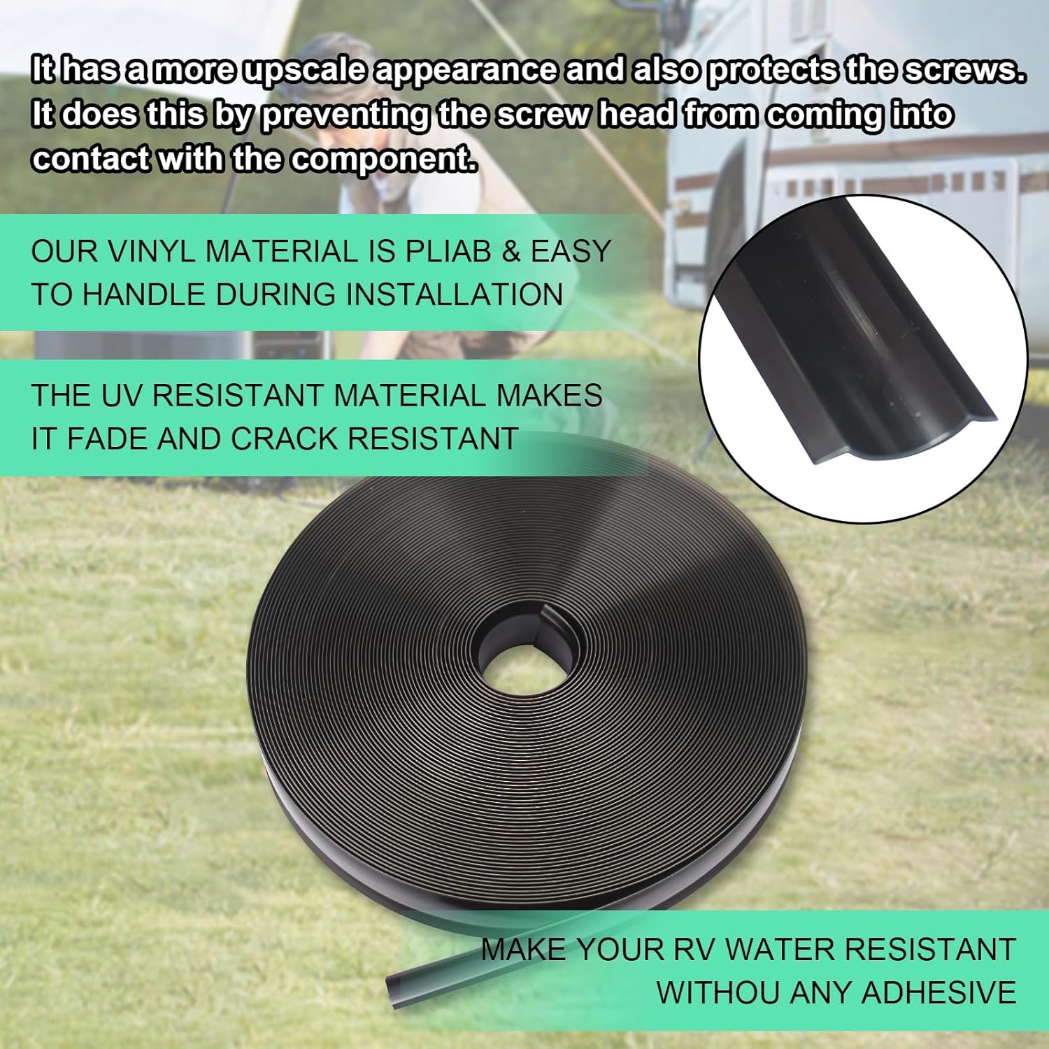 1" Black Vinyl Trim Molding Screw Cover RV Camper Travel Trailer (100 ft) | Vinyl trim strips cover external screws, prevent them from rusting and enhance the appearance of the motorhome