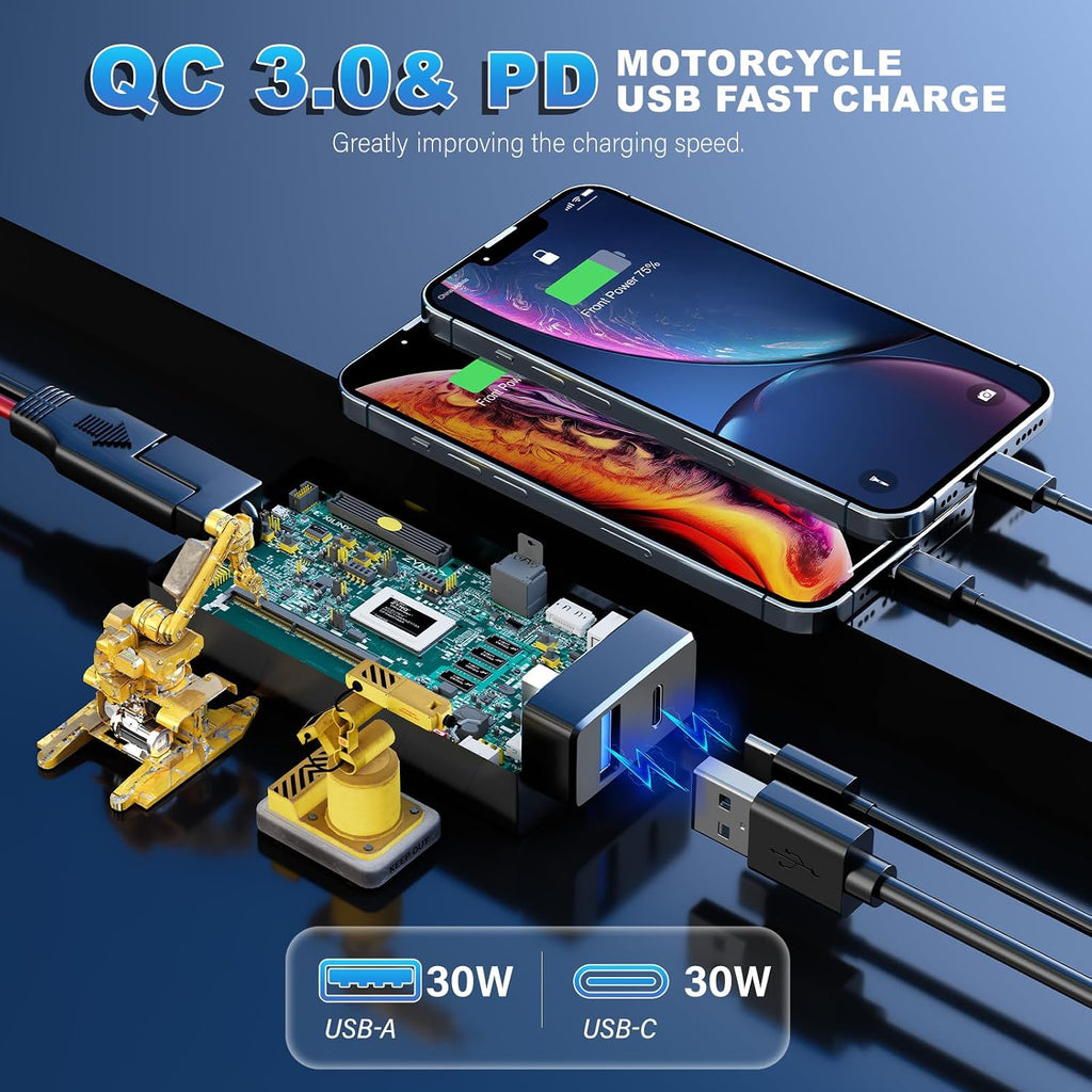 YONHAN Motorcycle Phone Charger, Total 60W 6.8A Dual USB Type C PD & QC 3.0 Motorcycle USB Charger, SAE to USB Adapter with Voltmeter & ON/Off Switch, Waterproof Motorcycle Accessories for Phone