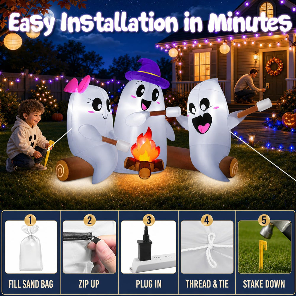 zukakii 6FT Long Halloween Inflatables Decorations Outdoor Campfire Ghosts Ad...