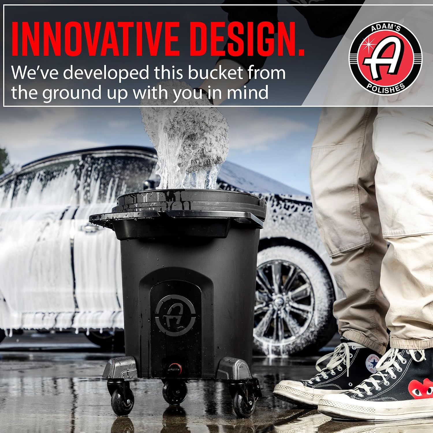 Adam's Double Complete Premium Detailing Bucket - Car Wash Bucket with Grit Guard, Seat Pad, Organization Rack, Drain Plug, 2 Locking Wheels | Innovative Detail 5 Gallon Bucket Kit System