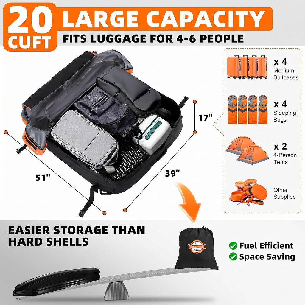 Sailnovo Aerodynamic Rooftop Cargo Carrier Bag, 20 Cubic Feet Waterproof Car Top Carrier for All Vehicles with/Without Racks, Holds Luggage for 4-6, Includes Anti-Slip Mat, Storage Bag, Luggage Lock
