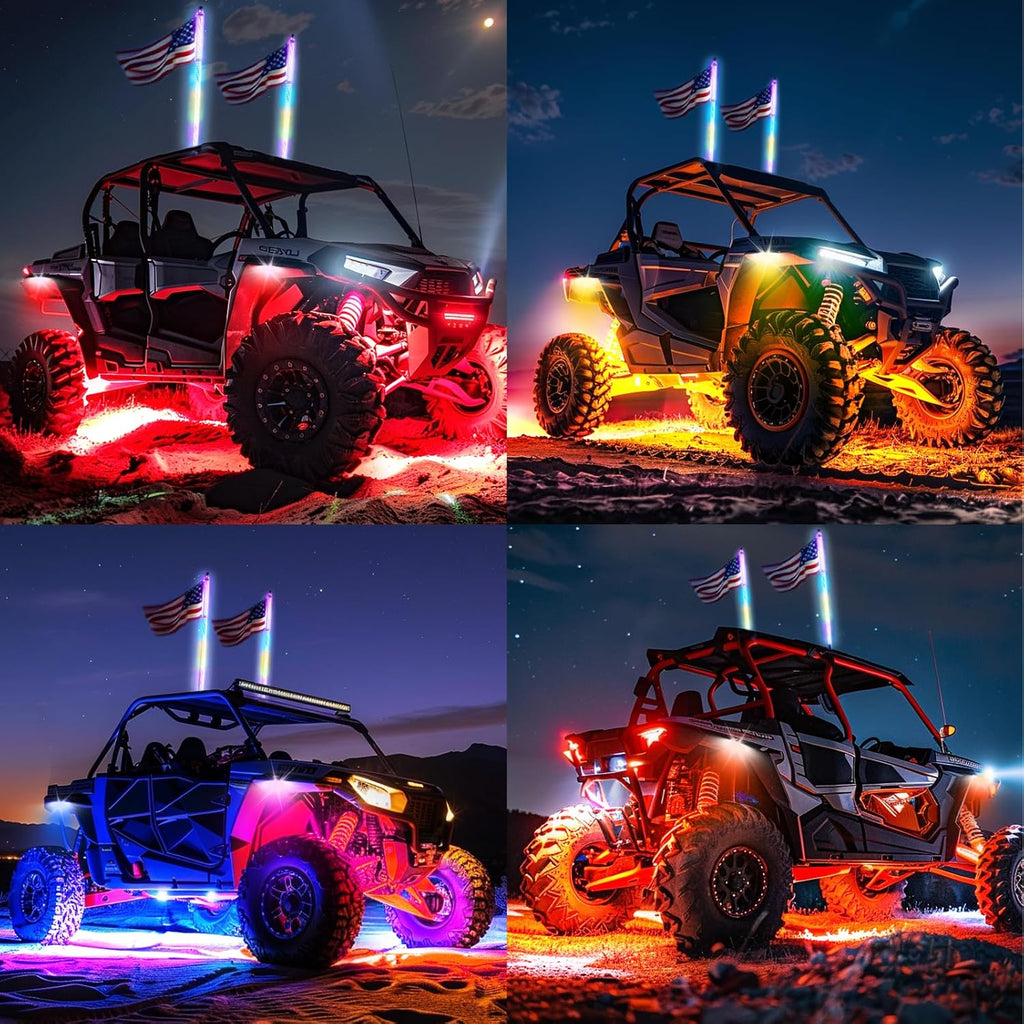 2PCS 4FT Whip Light and 4PCS Rock Light Combo Kit with Spring Base, Switch, App Control, Universal for UTV/ATV/RZR/SxS/Can-am