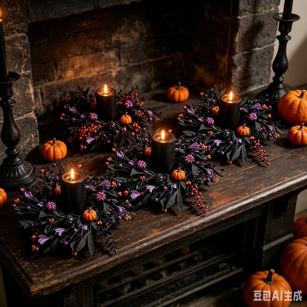 6 Pcs Halloween Mini Candle Ring Wreaths for Cabinets Small Pillar Candle Hol...