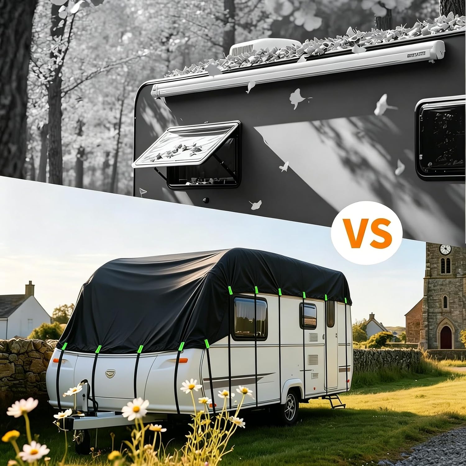 600D Heavy-Duty Wide Width RV Roof Cover — Featuring Reflective Strips,Camper roof Cover, Waterproof UV Resistant, Travel Trailers, Class C/B/A Motorhomes, Popup & Truck Campers,RVs, Black 8.5m*3.3m