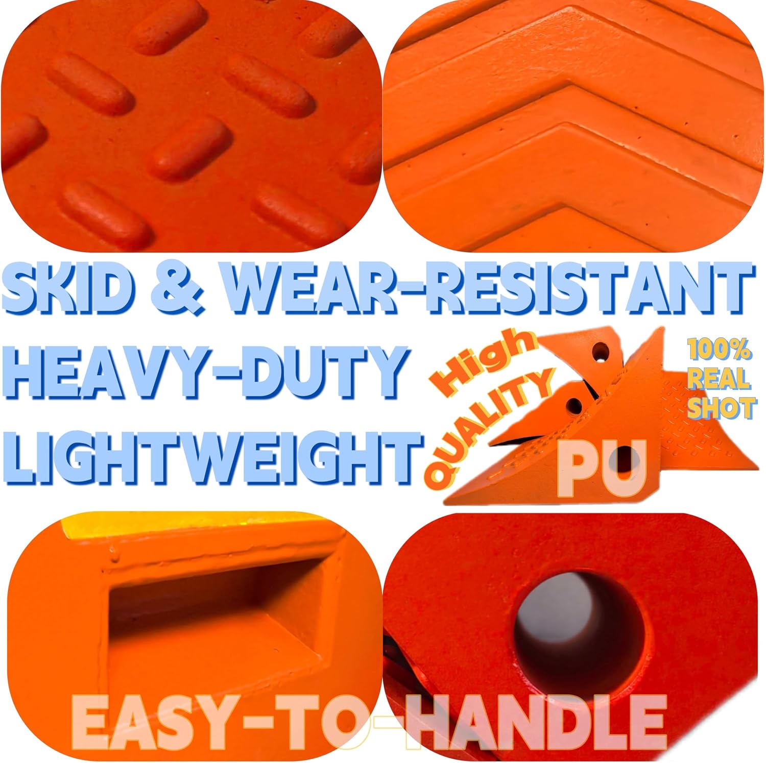 Orange PU Large Wheel Chocks with Reflective Strips,2-Piece M(10.8x7.75x7.5 Inch) Urethane Wheel Chock,All-Weather, Non-Slip & Portable Parking Security for Truck, RV, Trailer (2, M)