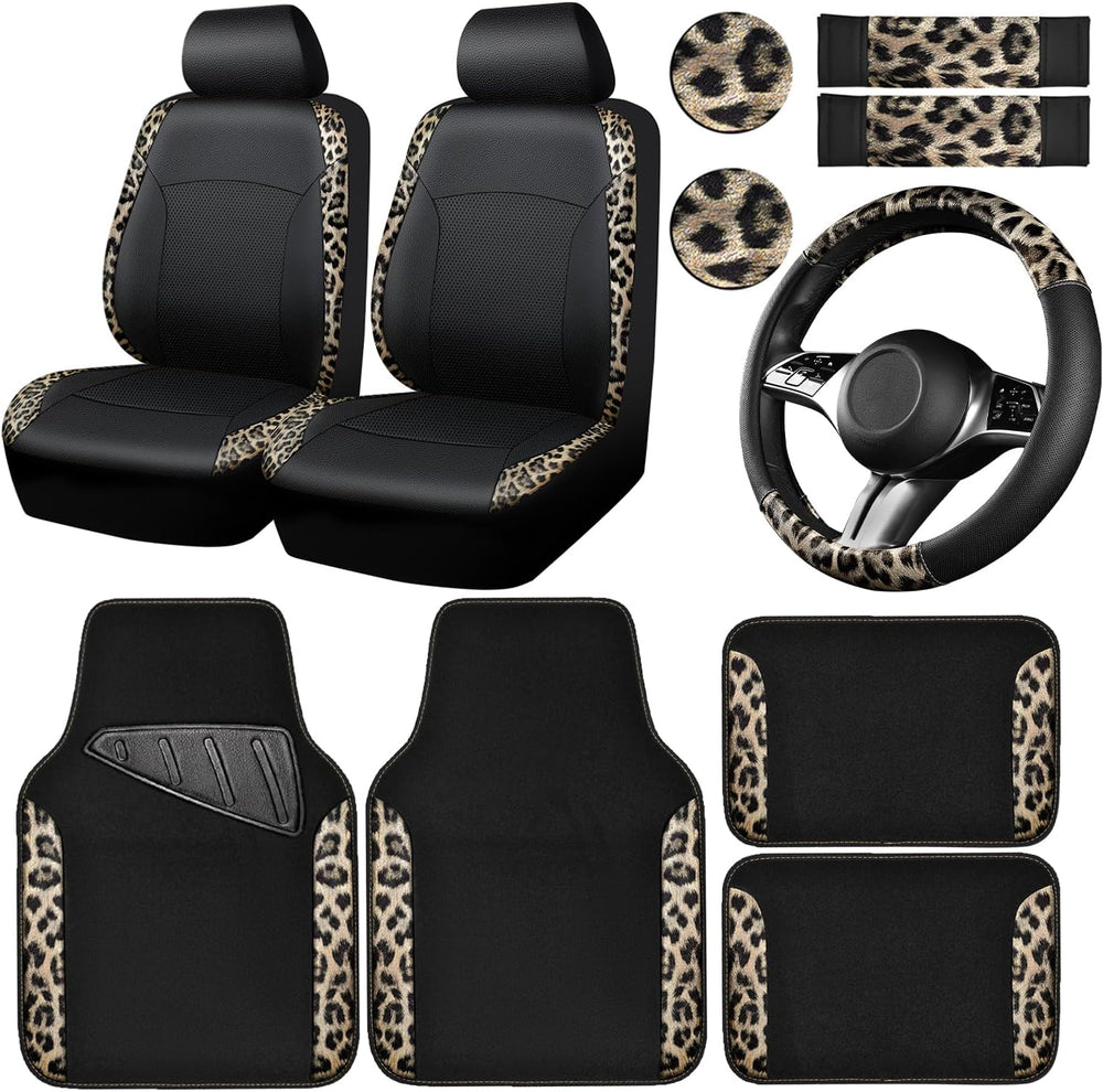 CAR PASS Leopard Print Faux Leather Car Seat Covers & Leopard Car Mats&am...