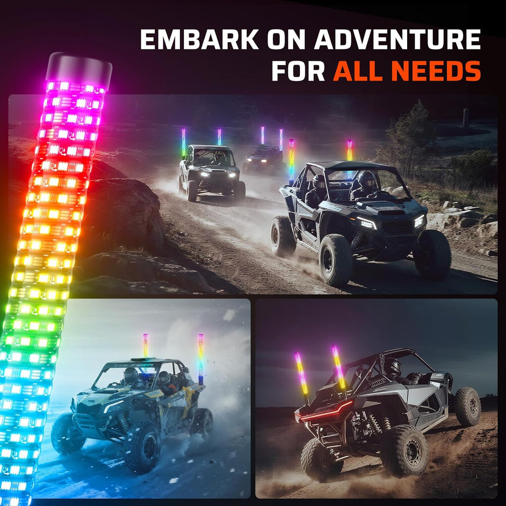 Ehaho 2PCS 2FT Fat Whip Lights for UTV ATV, Led Fatty Whip Light W/Rocker Switch & 6 Flags, Brighter Spiral Chasing Lighted Antenna Whip with APP & Remote Control for RZR SXS Can-Am X3 Off-Road