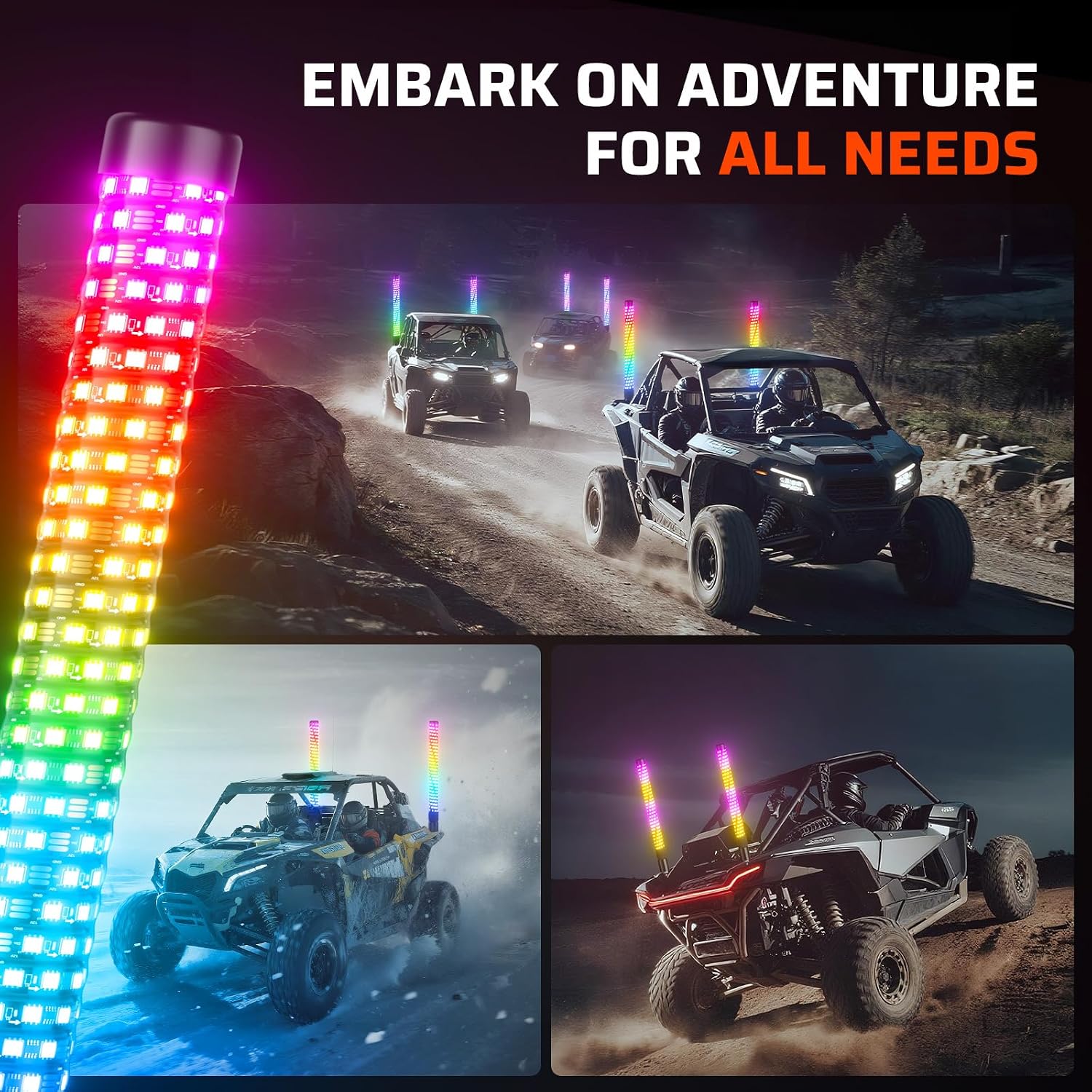 Ehaho 2PCS 2FT Fat Whip Lights for UTV ATV, Led Fatty Whip Light W/Rocker Switch & 6 Flags, Brighter Spiral Chasing Lighted Antenna Whip with APP & Remote Control for RZR SXS Can-Am X3 Off-Road