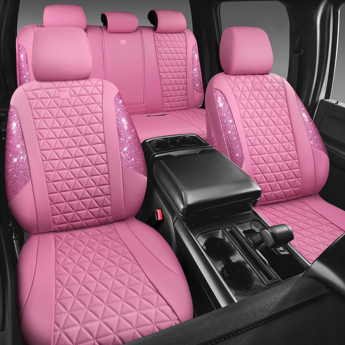 car pass bling diamond pink leather car seat shown in use