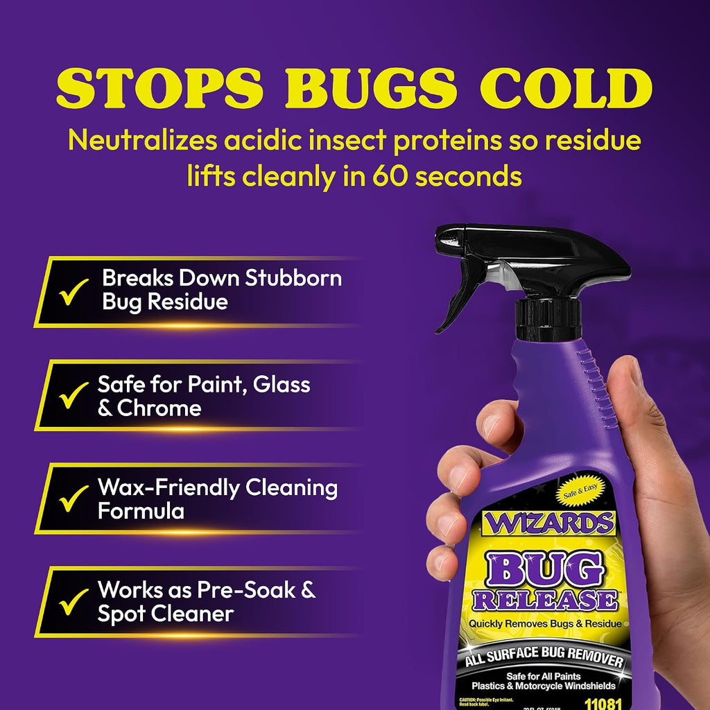 Wizards Bug Release - All Surface Bug Remover and Wash for All Vehicles - Softens and Neutralizes Acidic Bug Protein - Doubles as Spot Cleaner and Pre-Soak Car Cleaner - 22 Fl Oz