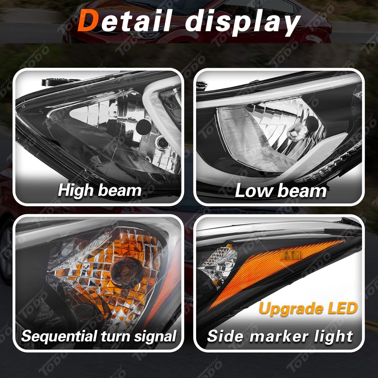 TODO Headlights Assembly Compatible with 2014 2015 2016 Hyundai Elantra, USA-BUILT Head Light Replacement with Bulbs, 921013Y500 921023Y500 Passenger & Driver Side Pair