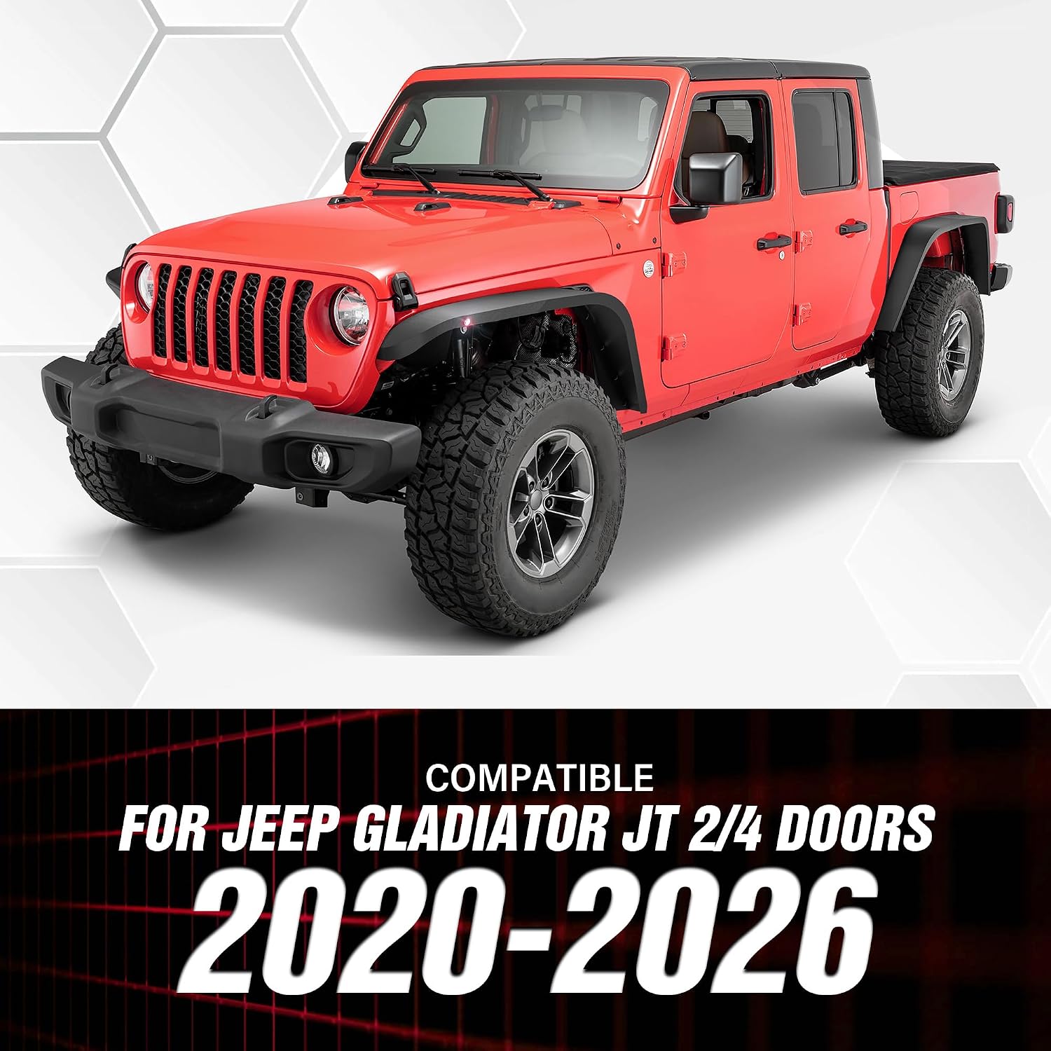 for Gladiator JT Front Fender Flares Compatible with 2020-2026 Jeep Gladiator JT with Built-in Eagle Eye LED Light, Heavy Duty Steel Mud Guard Off-Road Wheel Fenders, Textured Black (2 PCS Kit)