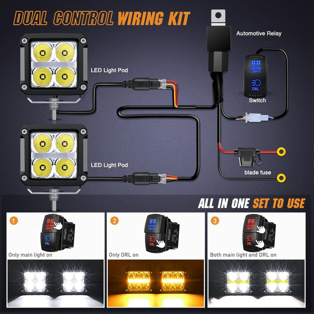 Nilight LED Pod Lights with Amber DRL 3.2 Inch Square 20W 2510LM Super Spot Beam w/ 16AWG Wiring Harness Kit Auxiliary Offroad Driving Ditch Light for Truck UTV ATV SUV 4x4