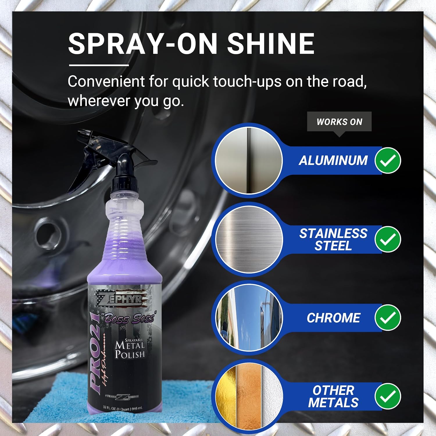 Zephyr - Pro 21 Boss Soss Sprayable Metal Polish - Stainless Steel, Chrome, & Aluminum Polish - Sprayable Metal Polishing for Copper, Silver, Bronze, & More - 32 oz.