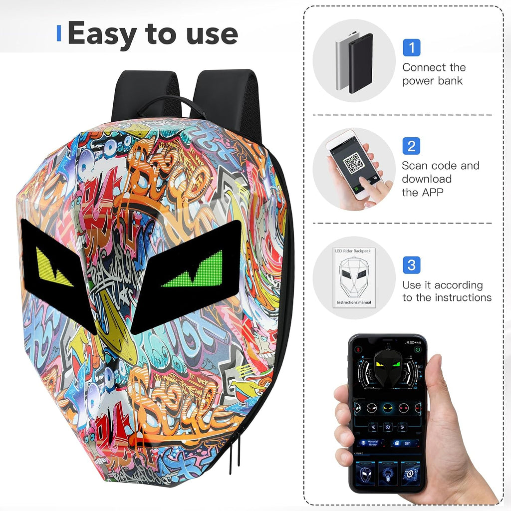 Motorcycle Backpacks for Men, LED Motorcycle Backpack With Full Color Screen, Large Capacity Laptop Backpack, Hard Shell Waterproof Helmet Bag (Graffiti)