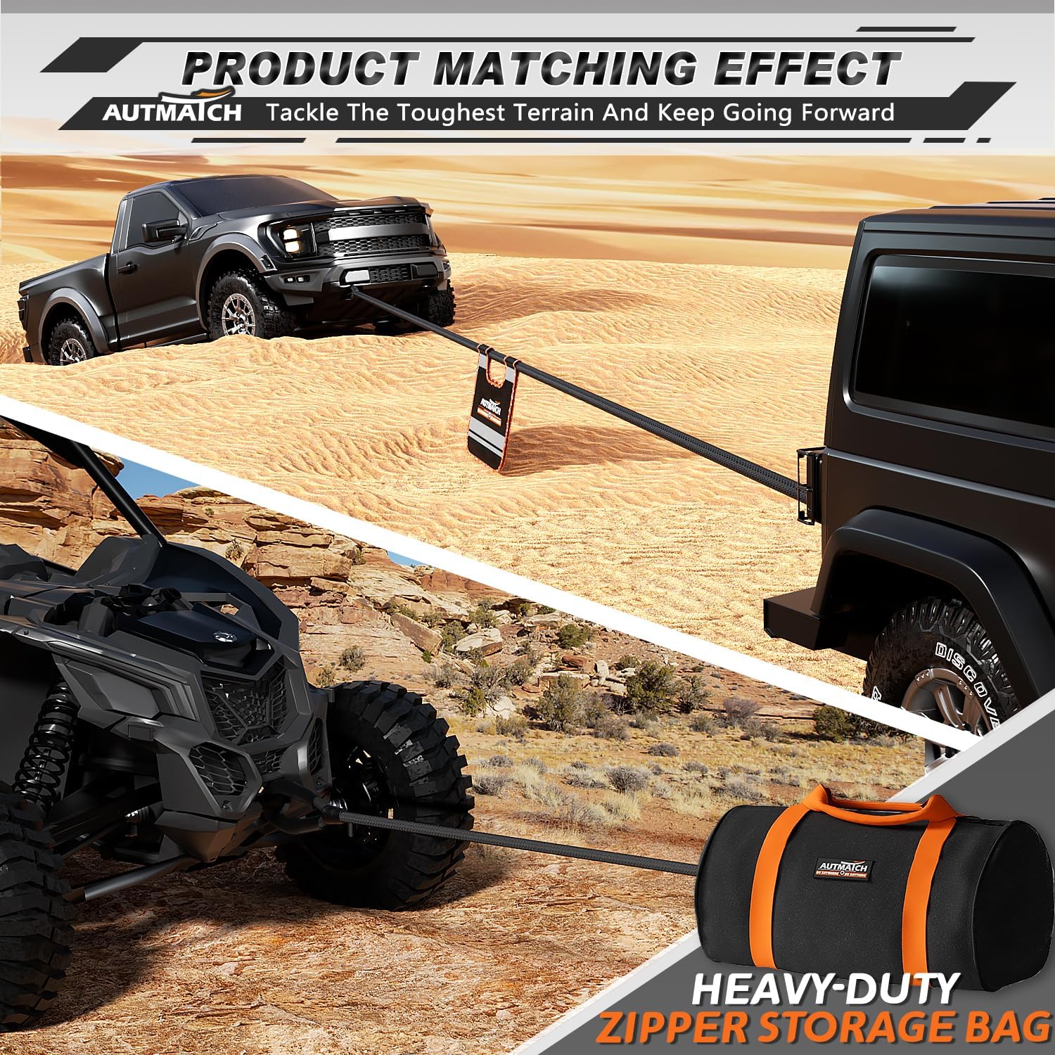 AUTMATCH Kinetic Recovery Tow Rope 1" x 30FT - Heavy Duty Energy Recovery Tow Rope 48000Lbs, 35% Elasticity Offroad Snatch Strap for 4x4 Off-Road Vehicle, Truck, Trailer, ATV, UTV, Black