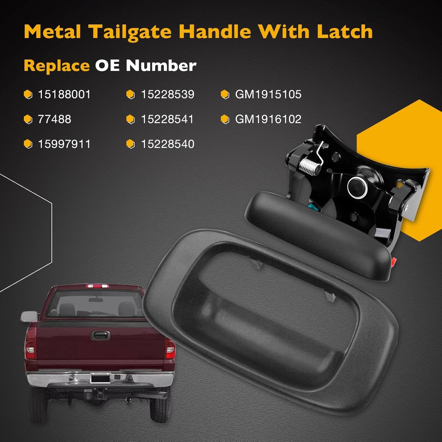 Gledewen 15997911 Upgraded Metal Tailgate Handle Latch, with Plastic Bezel Trim Rod Clips, Compatible with 1999-2007 Chevy Silverado GMC Sierra 1500 2500 3500, Replaces# 15228539 15228541 15228540