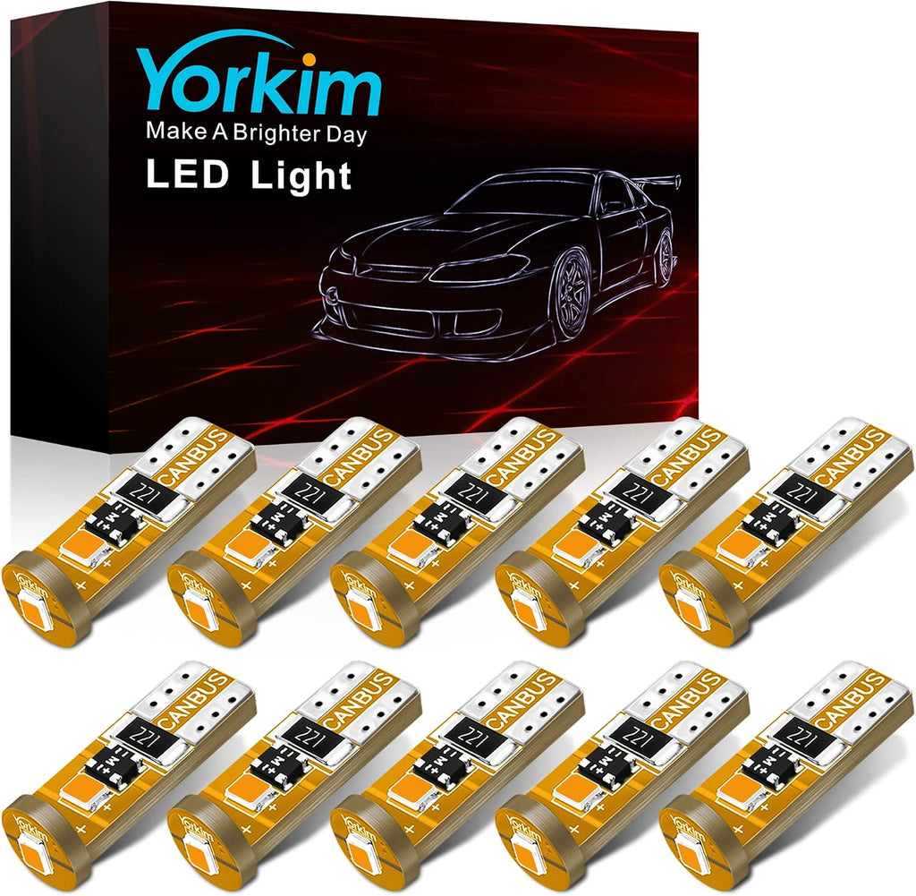 Yorkim 194 Led Bulb Amber Canbus Error Free 3-SMD 2835 Chipsets, T10 Amber Interior Led For Dome Map Door Courtesy License Plate Trunk lights with 194 168 W5W 2825 Socket, Pack of 10