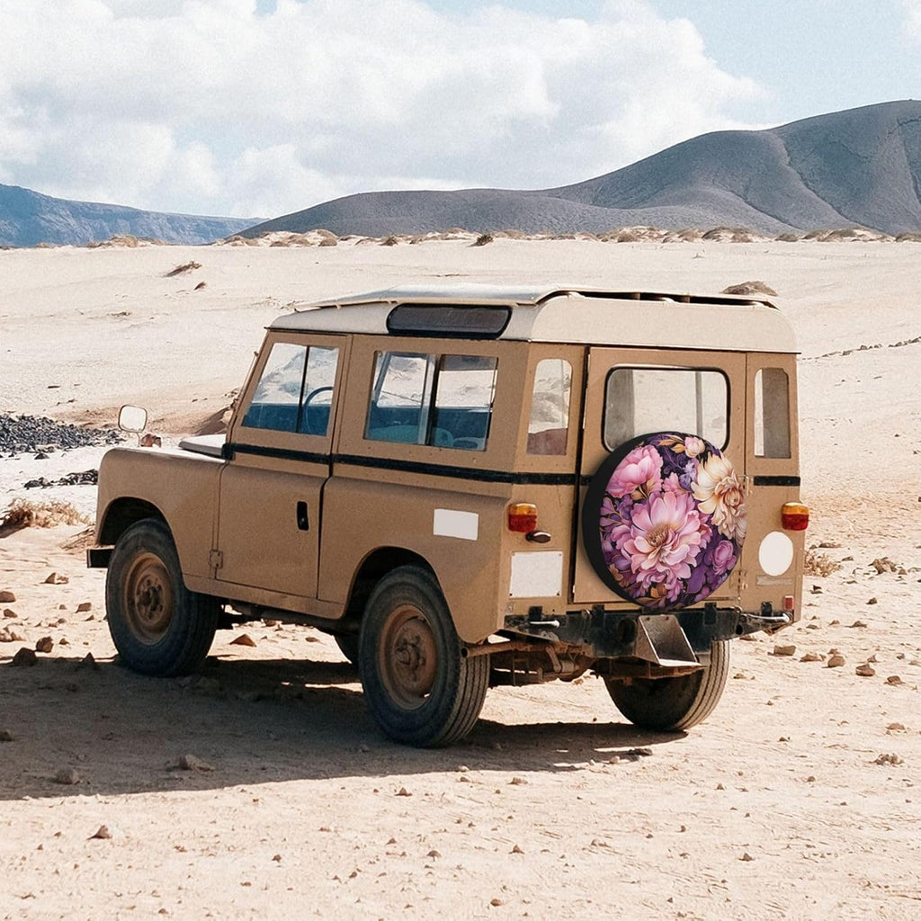 Pink Purple Floral Art Spare Tire Cover 17 inch, Universal Waterproof Dust-Proof Sun Protection Cover with Adjustable Nylon Rope Easy Installation for Jeep Trailer SUV Truck RV