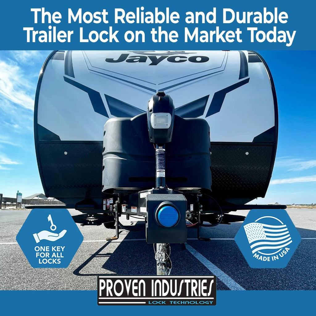 Proven Industries Model 2516-J Trailer Lock, Fits 2 5/16-Inch Jayco Couplers, Secures Safety Chains, Made in The USA, (Blue)