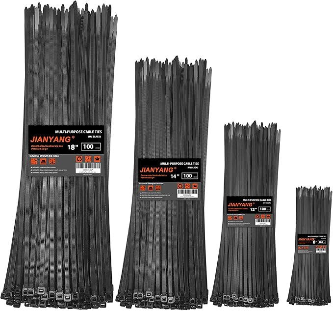 Zip Ties Assorted Size, 8+12+14+18 Inch Double Sided Toothed, 100 LBS Tensile by JIANYANG