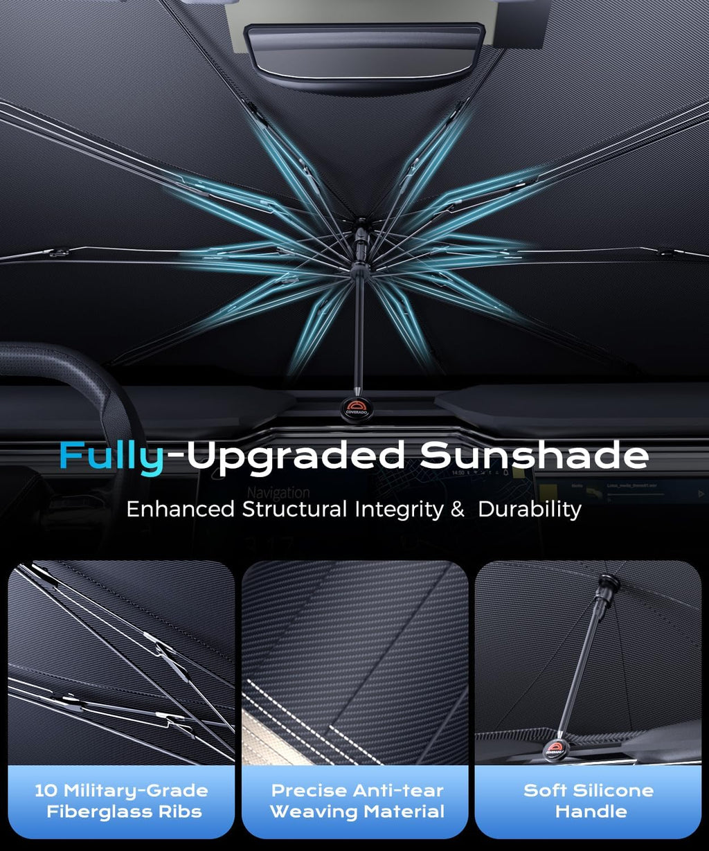 [2026 Upgrade] Coverado Windshield Sun Shade, UPF80+ Sunshade for Car Windshield Blocks Heat & UV Rays, Thickened Vinyl Coating Keep Cool Protect Interior, M 57”x32” for Sedans/SUVs