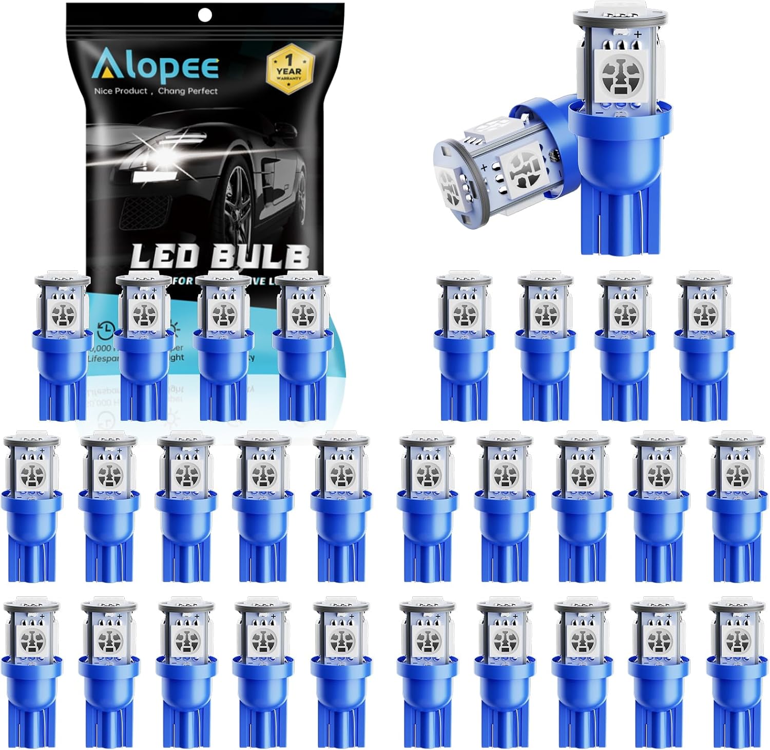 Alopee 30 Pack 194 Blue Led Bulbs 12V T10 Wedge Light Bulb | Replacement for 158 168 193 198 2825 W5W Car Interior Dome Map Door Trunk Courtesy Step Lights