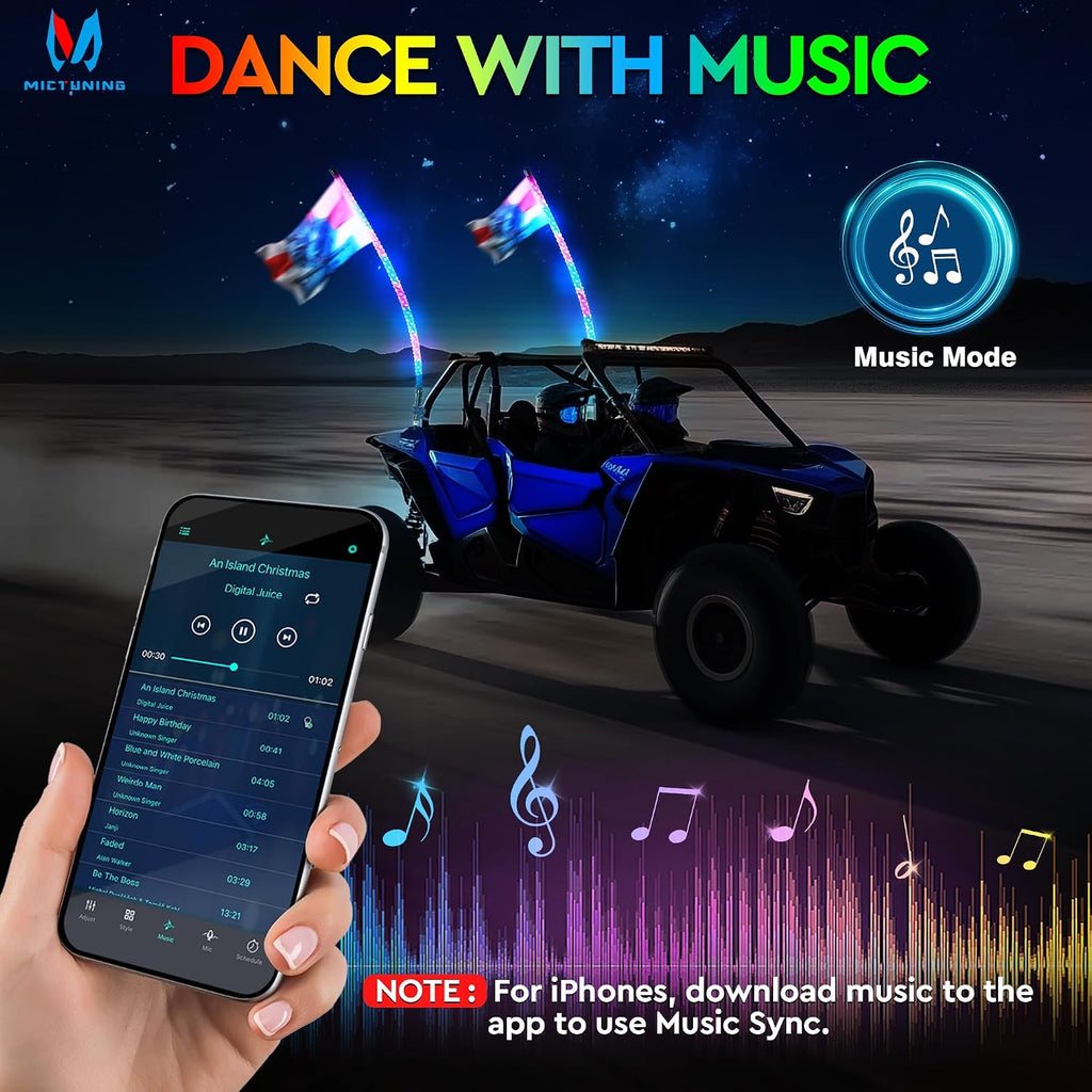 MICTUNING 2pc 4ft Spiral LED Whip Lights with 8 Flags, RF Remote & App Control, RGB Chasing Lighted Whips with Rocker Switch, Music Synced Whip Light for UTV ATV Polaris RZR Can-Am